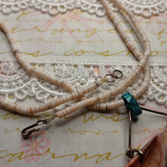 Antique Handcrafted Turquoise and Coral Shell Pendant Necklace - Picture 6 of 7